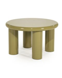 Salontafel Brynn met rond blad, drie cilindervormige poten en groene hoogglans afwerking in schuin vooraanzicht