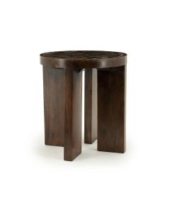 By-Boo bijzettafel Tegel bruin met rond betegeld blad en mangohouten poten schuin vooraanzicht