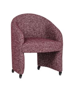 WOOOD Cordo armstoel met wielen in bordeauxrode melange stof schuin van voren gefotografeerd op witte achtergrond