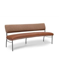 Bree&rsquo;s New World Arc eetkamerbank met bruine lederen zitting, bruine stoffen rugleuning en zwart metalen frame