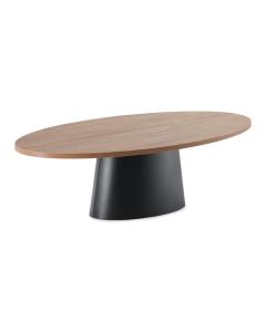 Ovale salontafel Levado met melamine blad in Brushed Walnut Nature en gebogen zwarte metalen kolompoot