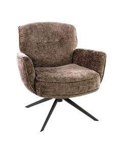 Champagnekleurige draaifauteuil Forza met chenille stof en zwarte metalen draaipoot schuin van voren