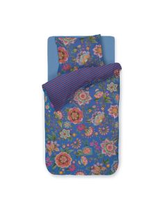 Eenpersoons dekbedovertrek Bombay Bold met kleurrijk bloemendessin op blauwe ondergrond en gestreepte achterzijde