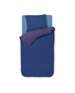 Eenpersoons dekbedovertrek Alvida met blauw geometrisch patroon en rood-blauwe gestreepte achterzijde