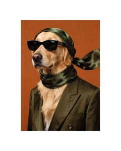 Golden retriever met zonnebril, groene sjaal en pak tegen oranje achtergrond