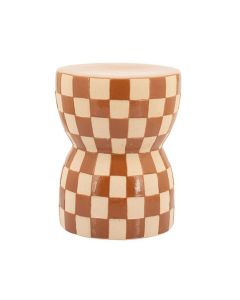 By-Boo bijzettafel Blocsy van aardewerk met bruin geblokt patroon en organische vorm.