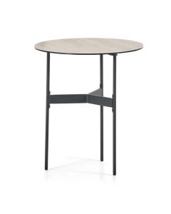 Mont&egrave;l Triangle bijzettafel met rond travertinlook blad en zwart metalen driepoot onderstel