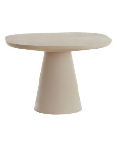  Ronde salontafel Abala in mat cr&egrave;me met breed blad en taps toelopende voet tegen lichte achtergrond