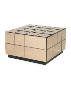 Salontafel Flectron met bruin spiegelglas en kubusvormig design op zwarte plint