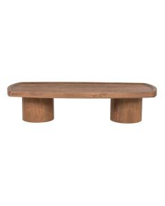 Salontafel Jamari van mangohout met langwerpig blad en twee cilindervormige poten, vooraanzicht.