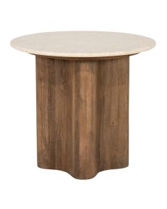 Bijzettafel Bodhi van Eleonora met rond licht natuurstenen blad en golvend houten onderstel