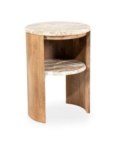 Ronde bijzettafel Marbelon van mango hout met marmeren blad en extra opbergplateau.