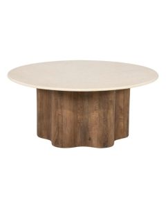 Ronde salontafel Bodhi met licht natuurstenen blad en donker houten onderstel met golvende vorm