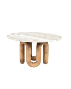 Ronde salontafel Marbelon van mango hout en marmer met sculpturaal houten onderstel.