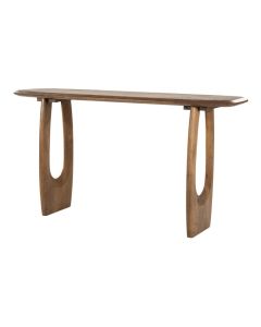 Sidetable Phoebe van mangohout met langwerpig blad en uitgesneden houten poten in schuin aanzicht.