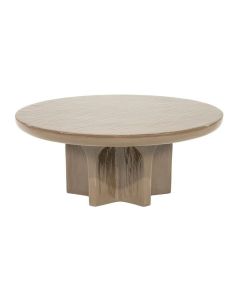 Ronde salontafel Circolo Large in taupe met glanzende betonlook en sculpturaal onderstel van ijzer.