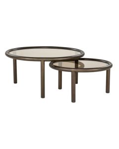 Eleonora salontafelset Circo met twee ronde glazen tafels schuin van voren
