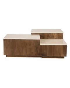 Eleonora salontafel Quido met drie verspringende niveaus van mangohout en lichte botochino bladen