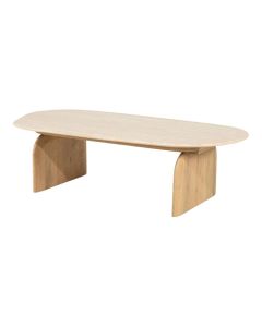 Salontafel Lova van Eleonora met ovaal travertin blad en twee afgeronde eikenhouten panelen als onderstel
