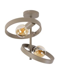 Beige plafondlamp Hover met twee ronde metalen ringen en zichtbare lichtbronnen tegen witte achtergrond
