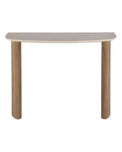 Hal-/kaptafel Romano Curvo met keramisch travertin blad en eikenhoutlook poten.