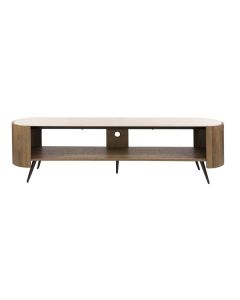 TV-meubel Arcus 180 cm met travertinlook blad, open vakken en bronze metalen poten