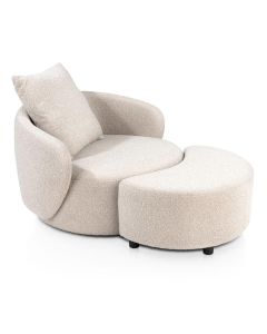 Draaifauteuil Elise met hocker in beige boucl&eacute; stof met ronde vormen en zwart pootje tegen lichte achtergrond