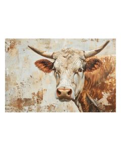 Glasschilderij met frontale koe in aardetinten met grote horens en abstracte achtergrond