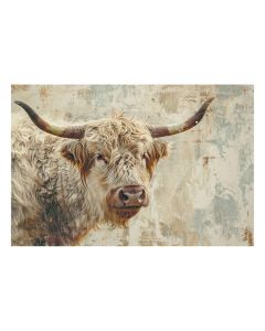 Artistiek glasschilderij van een hooglander met grote horens tegen abstracte achtergrond in aardetinten