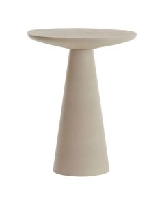 Ronde salontafel Abala in mat cr&egrave;me met breed blad en taps toelopende voet tegen lichte achtergrond