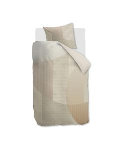 Dekbedovertrek Tove in natuurlijke tinten met grafisch patroon en speelse vormen op eenpersoonsbed