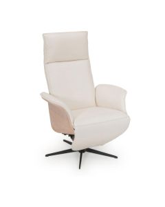 Relaxfauteuil Ronda in licht leer met hoge rug, hoofdsteun en zwart draaionderstel