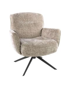 Beige draaifauteuil Forza in chenille stof met zwarte metalen draaipoot schuin van voren