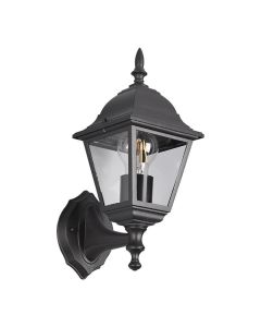 Wandlamp Livenza in mat zwart schuin van voren met klassieke vorm en heldere glazen panelen.