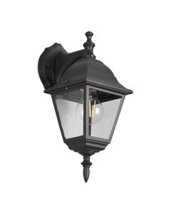 Wandlamp Livenza mat zwart hangend model met heldere glazen panelen, schuin van voren.