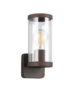 Bonito wandlamp in roestkleur met transparante glazen cilinder, schuin van voren.