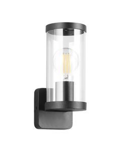 Bonito wandlamp in mat zwart met transparante glazen cilinder, schuin van voren.