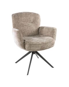 Beige chenille armstoel met afgeronde vormen en zwart metalen draaipoot op lichte achtergrond