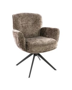 Champagnekleurige chenille armstoel met afgeronde vormen en zwart metalen draaipoot op lichte achtergrond