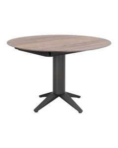 Ronde uitschuifbare eettafel Bloom met houtlook blad en zwart metalen onderstel