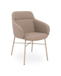Moderne eetkamerstoel Jack met armleuningen in beige stoffering en slank metalen onderstel