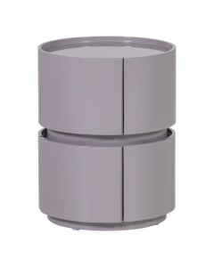 Rond nachtkastje in lichtgrijs hoogglans met twee gestapelde cilindervormen