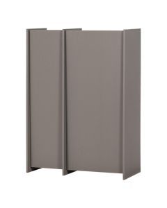 Warmgrijze kast met twee deuren en verspringende panelen in strak geometrisch ontwerp