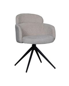 Draaibare eetkamerstoel Levi in naturel stof schuin van voren met zwart metalen onderstel en afgeronde rug