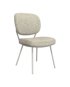 Eetkamerstoel Singapore in naturel boucl&eacute; stof met slanke metalen poten, schuin van voren gefotografeerd