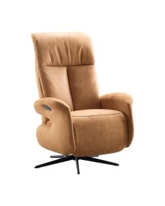 Relaxfauteuil Westlake in caramelkleurige microvezel met lederlook en zwarte metalen poot vooraanzicht