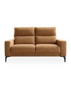 2,5-zitsbank Holsted in bruine boucl&eacute;stof met hoge rugleuning en metalen poten vooraanzicht