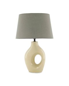 Tafellamp Kandy van Profijt Meubel met keramische voet in lichte tint en stoffen lampenkap in taupe kleur