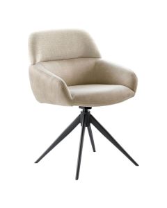 Beige draaibare armstoel met kuipvormige zitting en zwarte metalen kruispoot, vooraanzicht