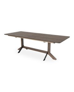 Uitschuiftafel Nexus met donker houten tafelblad en gecombineerd houten en metalen onderstel in moderne industri&euml;le stijl.
